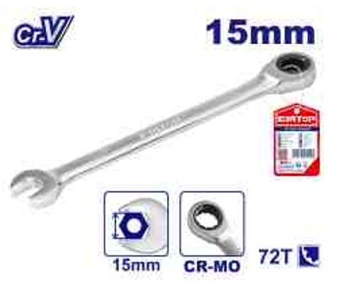 Professional 15mm Cr-V Ratchet Spanner 72T 12-point - 200mm Length Chrome Plated Matt Finish Quality Hand Tool Paper Card Packed Precision